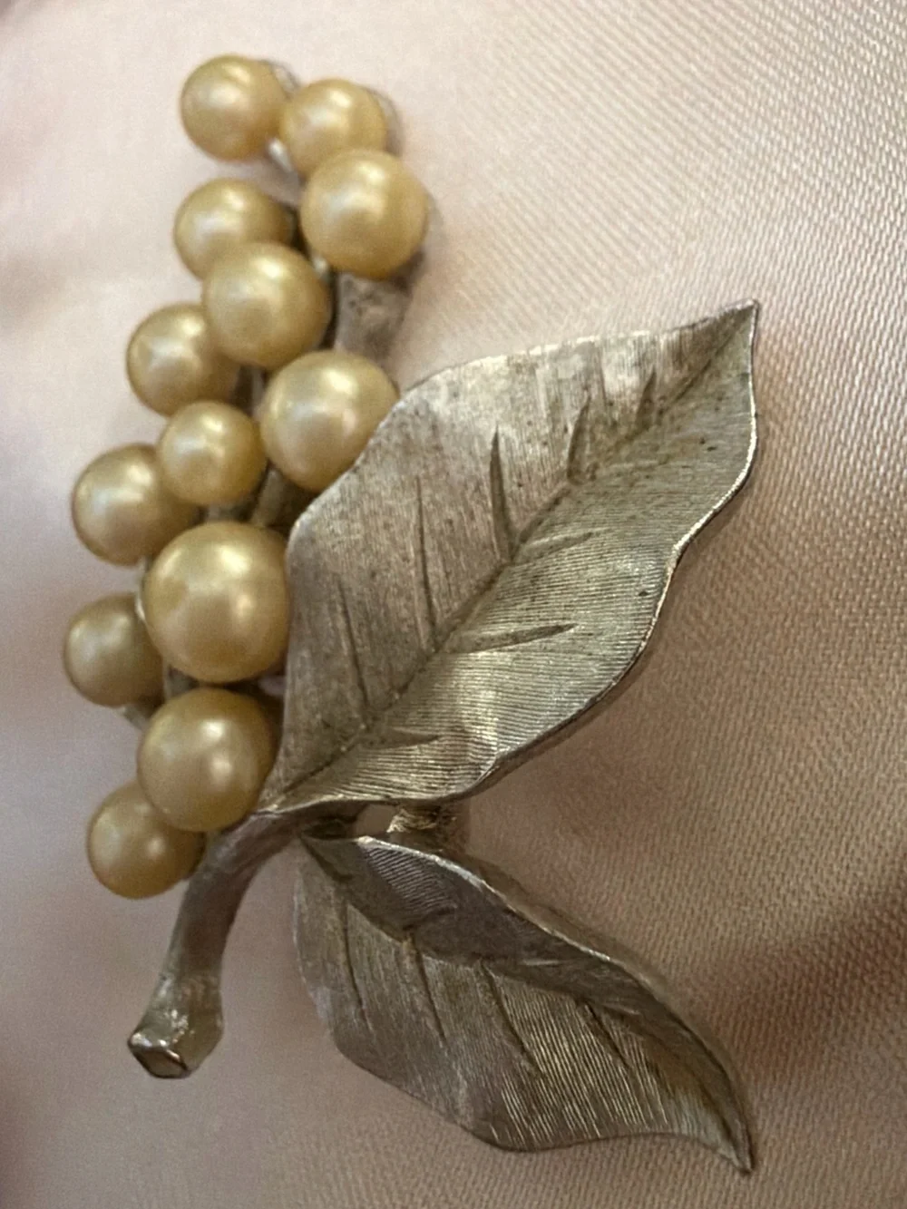 Signed Crown Trifari Silver Faux Pearl Grape Cluster Brooch Pin